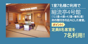 細流亭4号館 次の間付きの広々とした客室 ポイントは定員8名客室を7名様でご利用できます。