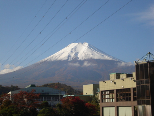 河口湖周辺　温泉宿　雪化粧の富士山
