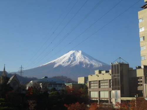 河口湖周辺　温泉宿　雪化粧の富士山