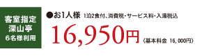 客室指定深山亭6名様利用：お1人様 1泊2食付 消費税・サービス料・入湯税込16,950円〈基本料金 16,000円〉